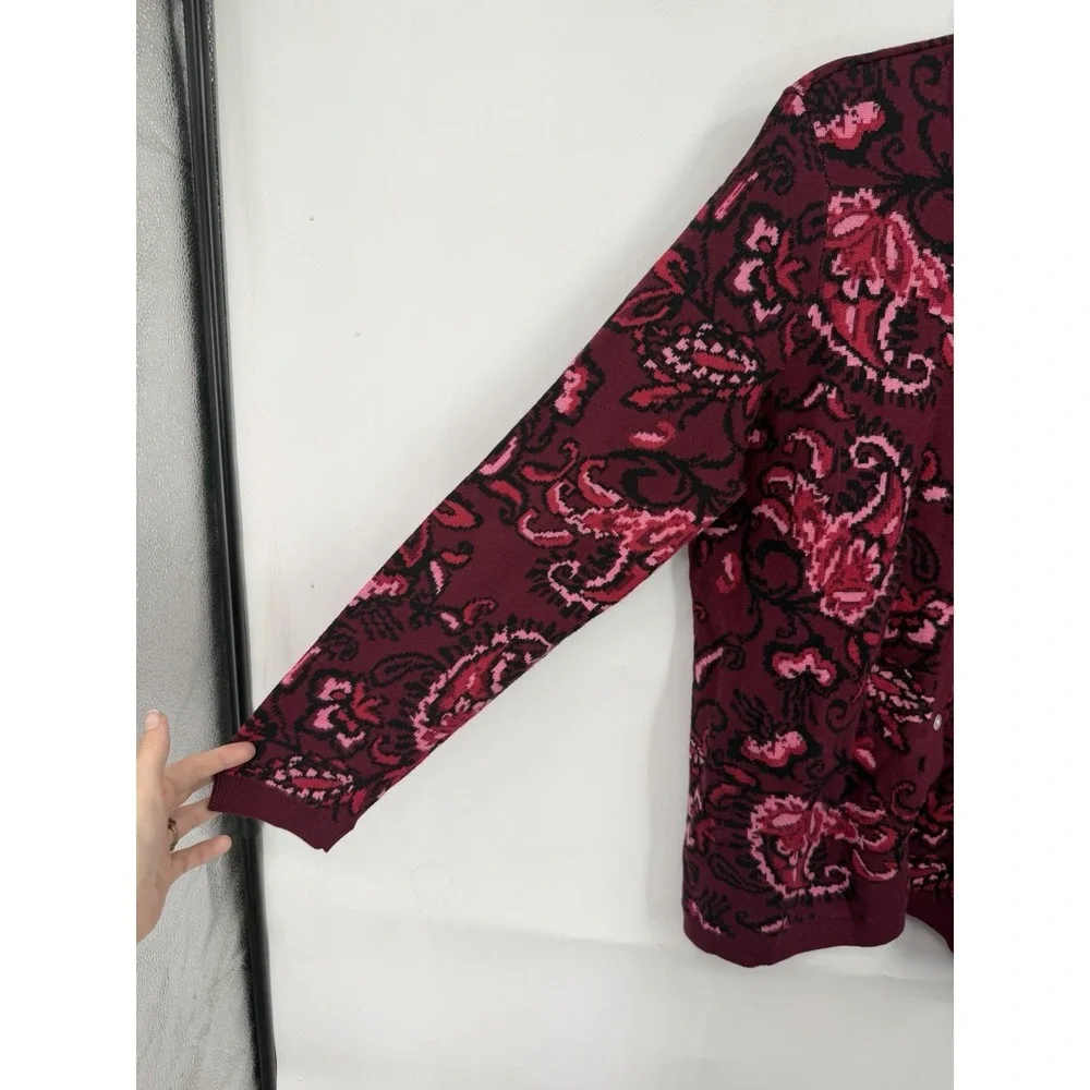 Appleseeds Floral Button Front Sweater Women L Burgundy Whimsigoth Cardigan